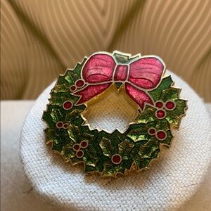 Vintage Festive Wreath Brooch with Pink Bow
